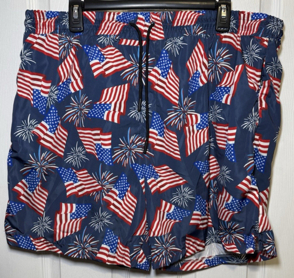 Men USA Flag Swim Trunks with Compresssion Liner 7 Inch Inseam Board Shorts-3XL